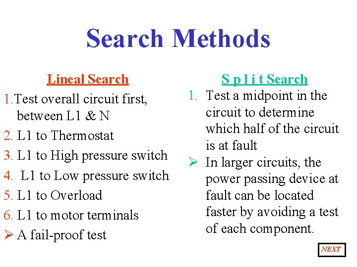 Search Methods Lineal Search 1. Test overall circuit first, between L 1 & N