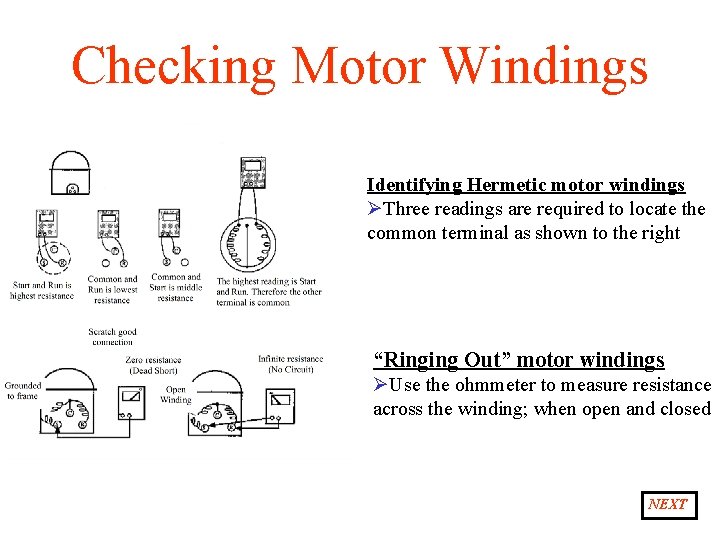 Checking Motor Windings Identifying Hermetic motor windings ØThree readings are required to locate the