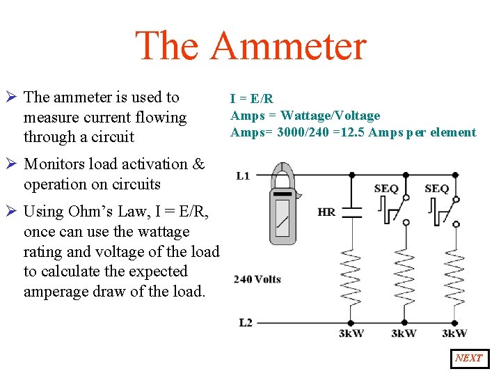 The Ammeter Ø The ammeter is used to measure current flowing through a circuit