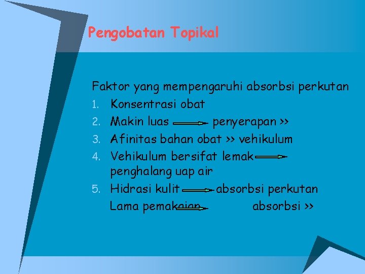 Pengobatan Topikal Faktor yang mempengaruhi absorbsi perkutan 1. Konsentrasi obat 2. Makin luas penyerapan