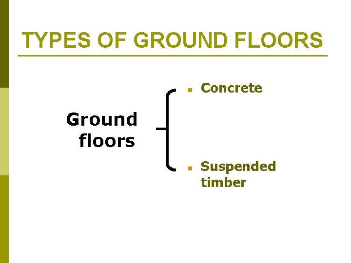 TYPES OF GROUND FLOORS n Concrete Ground floors n Suspended timber 