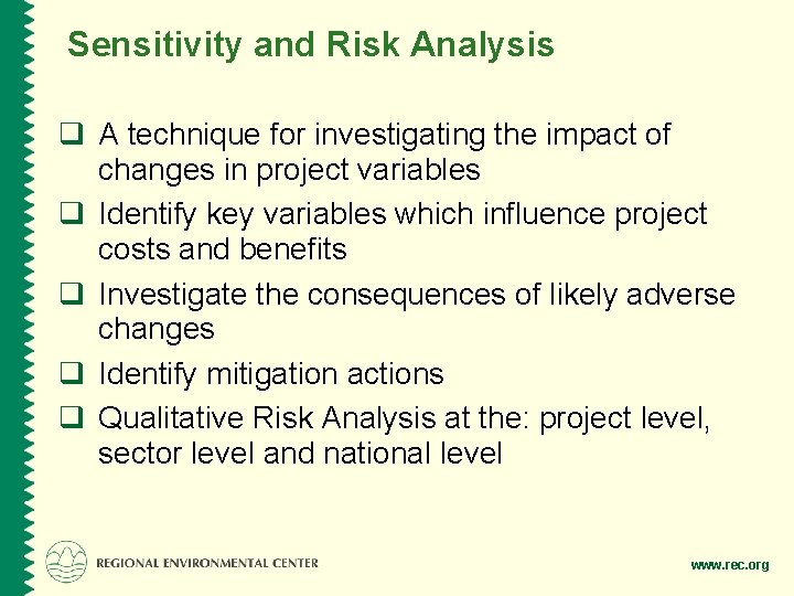 Sensitivity and Risk Analysis q A technique for investigating the impact of changes in