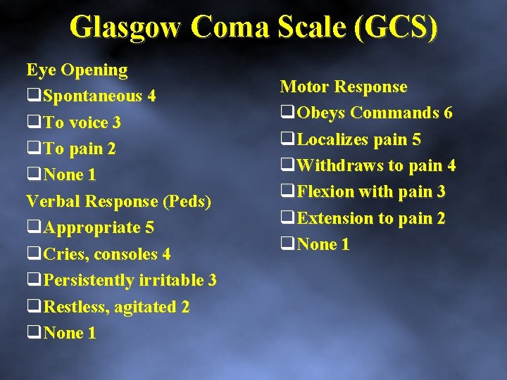 Glasgow Coma Scale (GCS) Eye Opening q. Spontaneous 4 q. To voice 3 q.