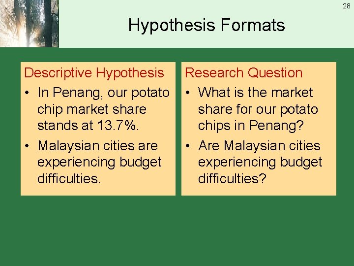 28 Hypothesis Formats Descriptive Hypothesis • In Penang, our potato chip market share stands