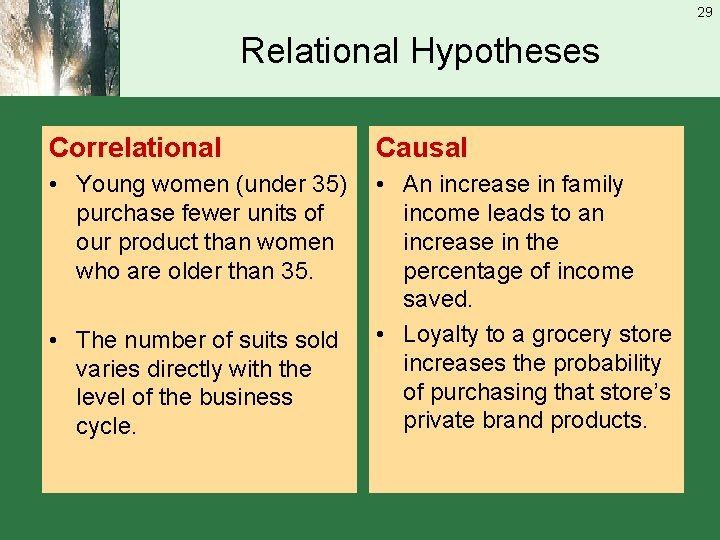 29 Relational Hypotheses Correlational Causal • Young women (under 35) purchase fewer units of