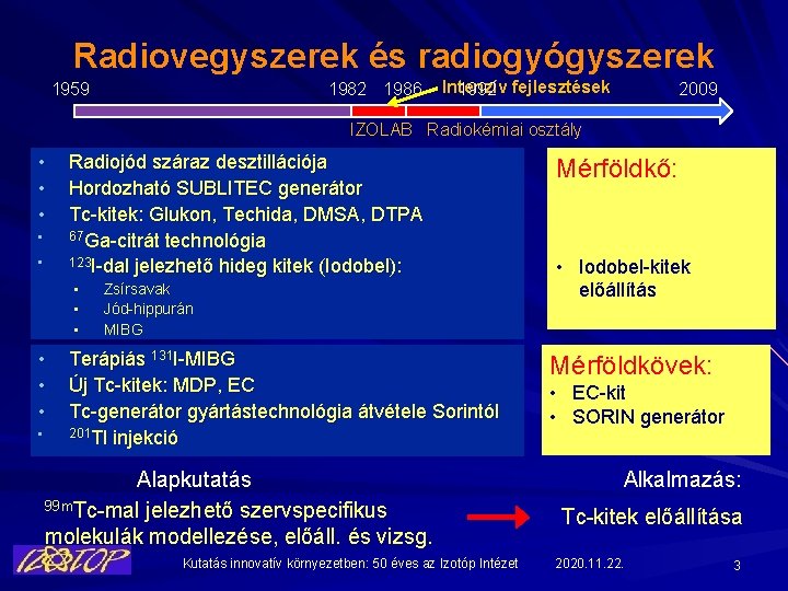 Radiovegyszerek és radiogyógyszerek 1959 1982 1986 Intenzív 1992 fejlesztések 2009 IZOLAB Radiokémiai osztály •