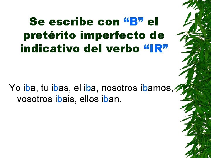 Se escribe con “B” el pretérito imperfecto de indicativo del verbo “IR” Yo iba,