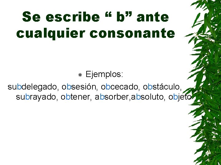 Se escribe “ b” ante cualquier consonante Ejemplos: subdelegado, obsesión, obcecado, obstáculo, subrayado, obtener,