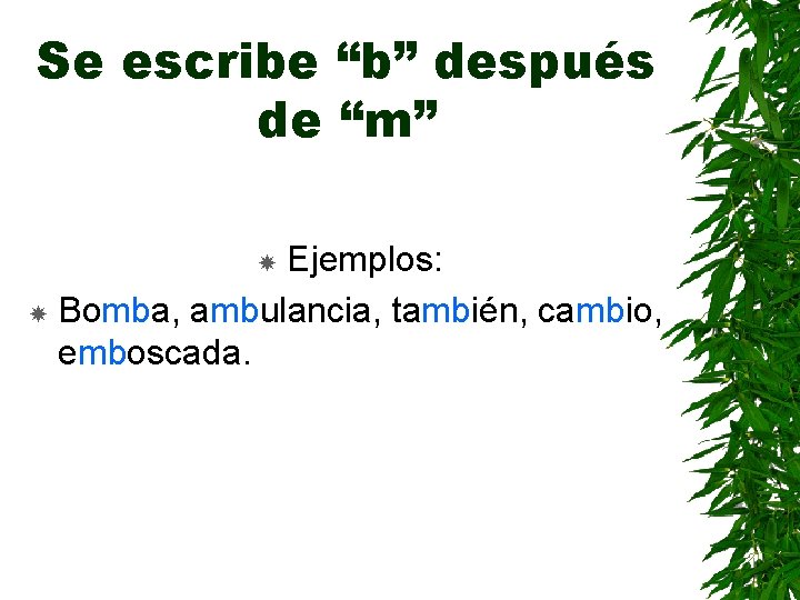 Se escribe “b” después de “m” Ejemplos: Bomba, ambulancia, también, cambio, emboscada. 