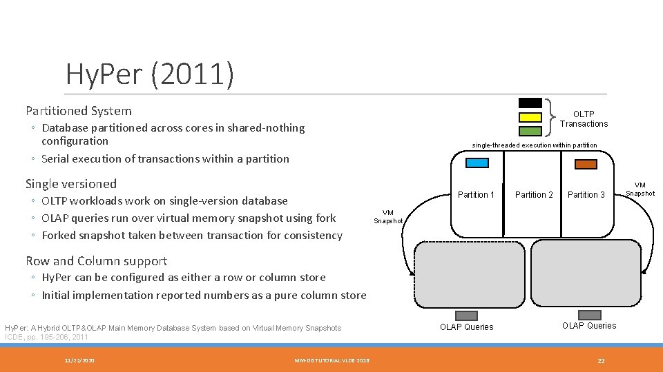 Hy. Per (2011) Partitioned System OLTP Transactions ◦ Database partitioned across cores in shared-nothing