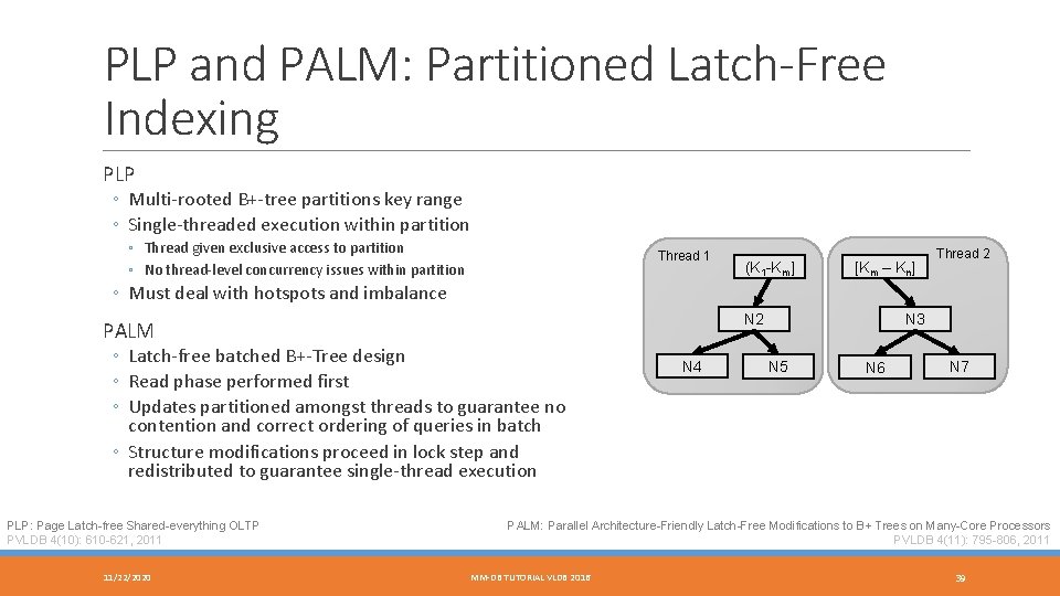 PLP and PALM: Partitioned Latch-Free Indexing PLP ◦ Multi-rooted B+-tree partitions key range ◦