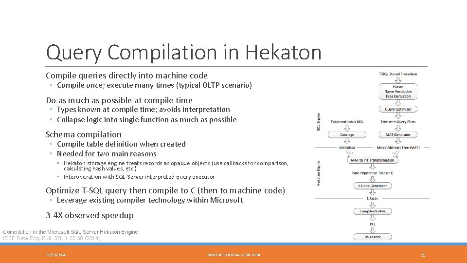 Query Compilation in Hekaton Compile queries directly into machine code ◦ Compile once; execute