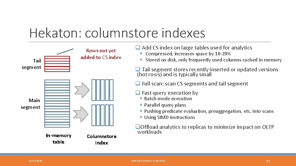 Hekaton: columnstore indexes Rows not yet added to CS index Tail segment q Add