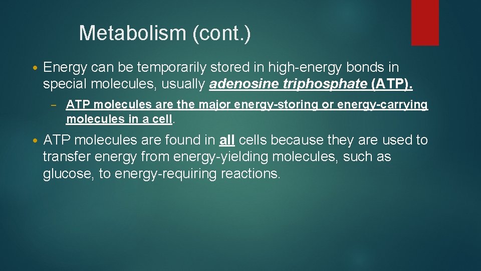 Metabolism (cont. ) • Energy can be temporarily stored in high-energy bonds in special