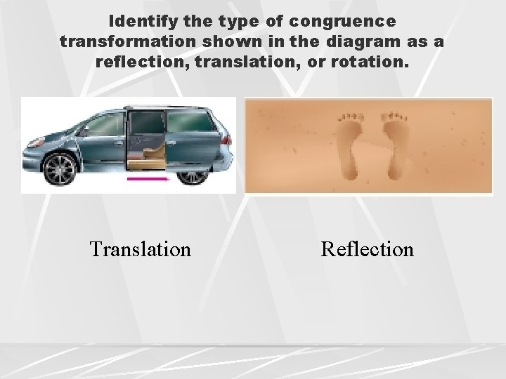 Identify the type of congruence transformation shown in the diagram as a reflection, translation,