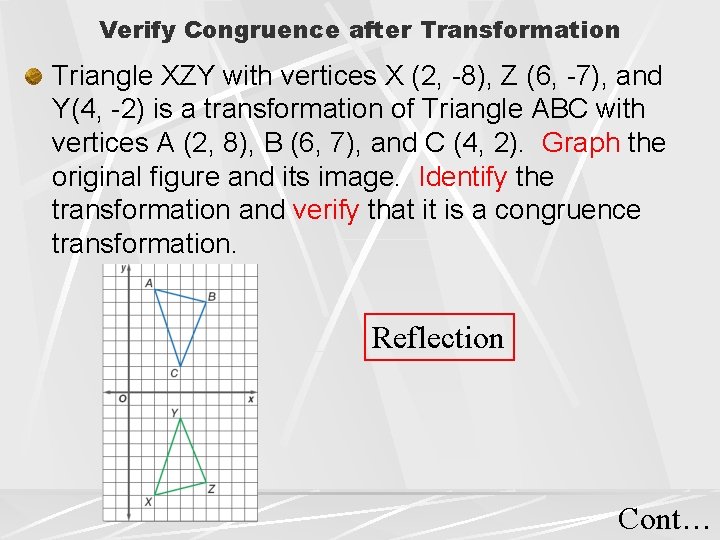 Verify Congruence after Transformation Triangle XZY with vertices X (2, -8), Z (6, -7),