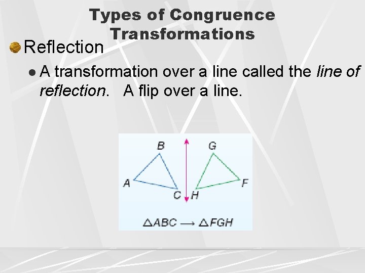 Types of Congruence Transformations Reflection l. A transformation over a line called the line