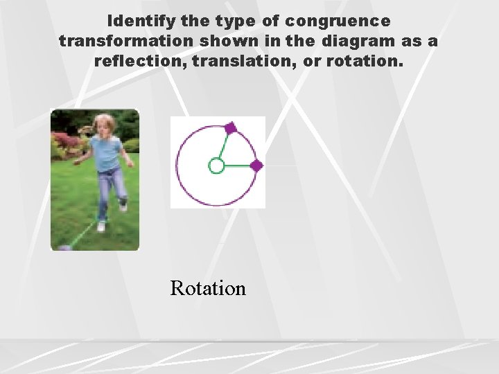 Identify the type of congruence transformation shown in the diagram as a reflection, translation, Identify the type of congruence transformation shown in the diagram as a reflection, translation,