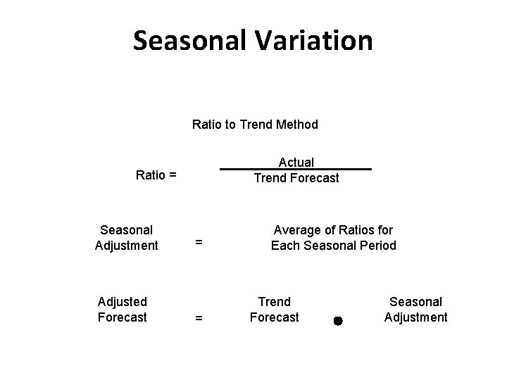 Seasonal Variation Ratio to Trend Method Actual Trend Forecast Ratio = Seasonal Adjustment Adjusted