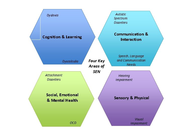 Autistic Spectrum Disorders Dyslexia Communication & Interaction Cognition & Learning Dyscalculia Attachment Disorders Social,