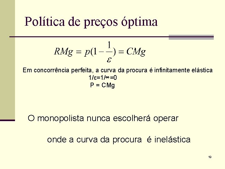 Política de preços óptima Em concorrência perfeita, a curva da procura é infinitamente elástica