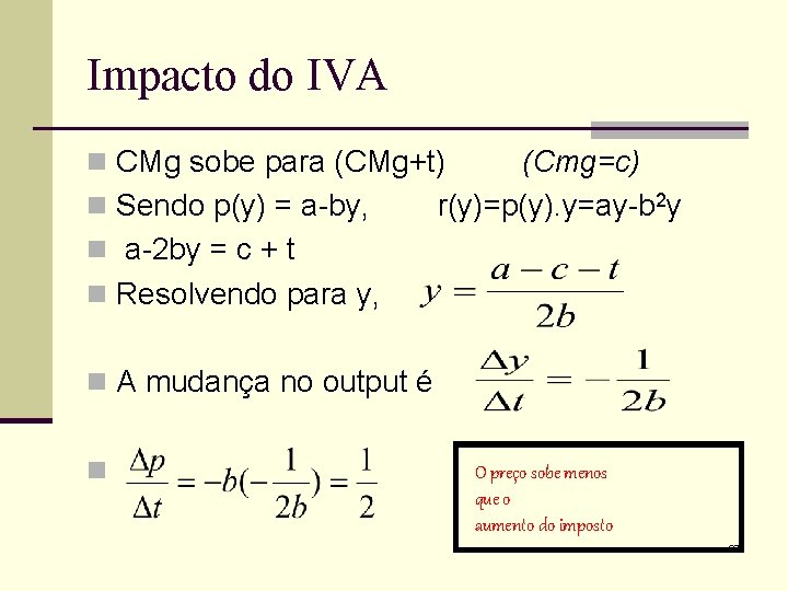 Impacto do IVA n CMg sobe para (CMg+t) n Sendo p(y) = a-by, (Cmg=c)