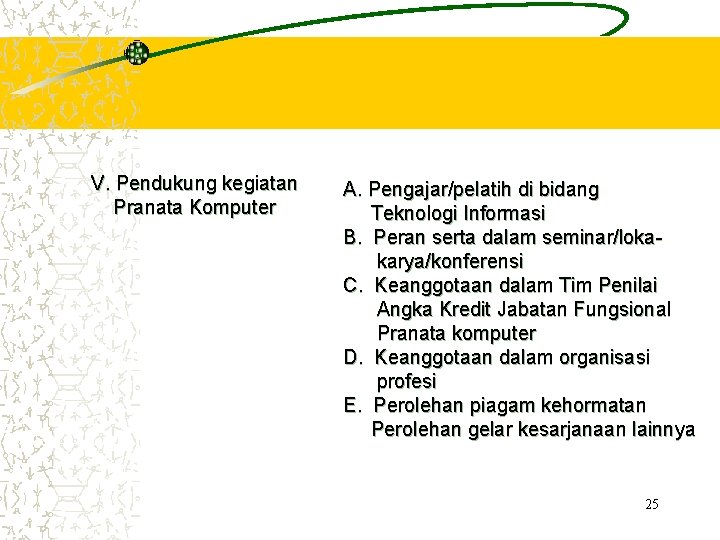 V. Pendukung kegiatan Pranata Komputer A. Pengajar/pelatih di bidang Teknologi Informasi B. Peran serta