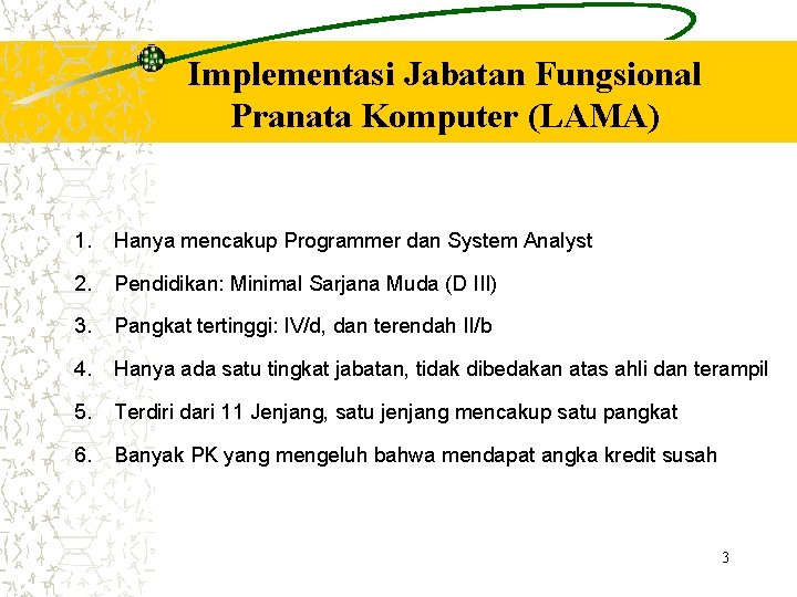 Implementasi Jabatan Fungsional Pranata Komputer (LAMA) 1. Hanya mencakup Programmer dan System Analyst 2.
