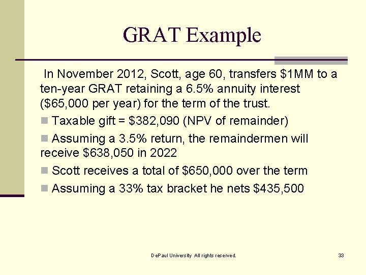 GRAT Example In November 2012, Scott, age 60, transfers $1 MM to a ten-year