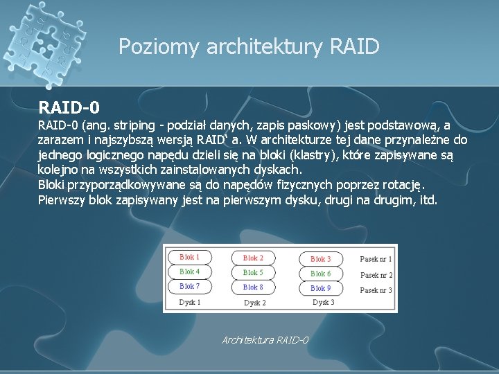 Poziomy architektury RAID-0 (ang. striping - podział danych, zapis paskowy) jest podstawową, a zarazem