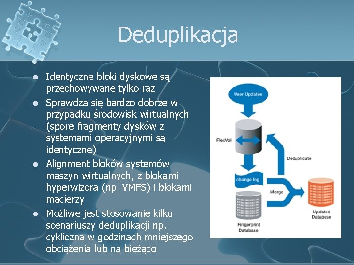 Deduplikacja l l Identyczne bloki dyskowe są przechowywane tylko raz Sprawdza się bardzo dobrze