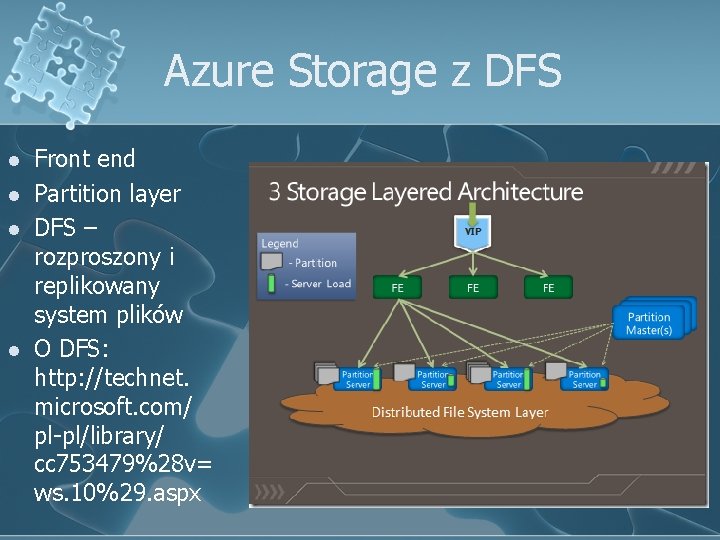 Azure Storage z DFS l l Front end Partition layer DFS – rozproszony i