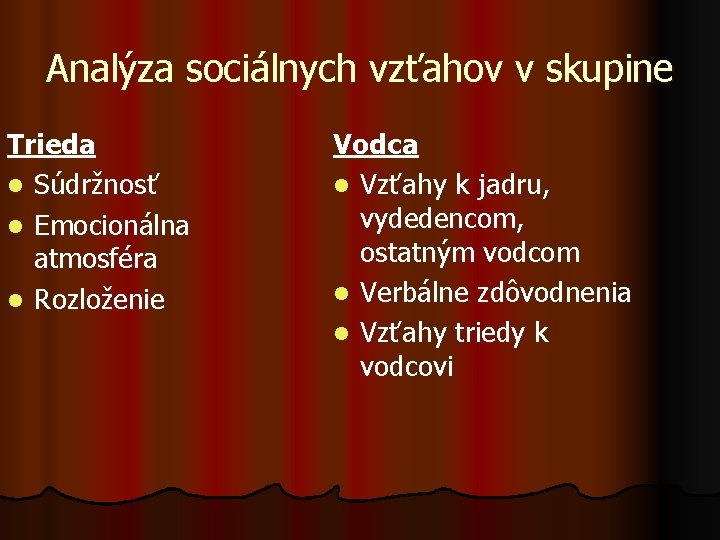 Analýza sociálnych vzťahov v skupine Trieda l Súdržnosť l Emocionálna atmosféra l Rozloženie Vodca