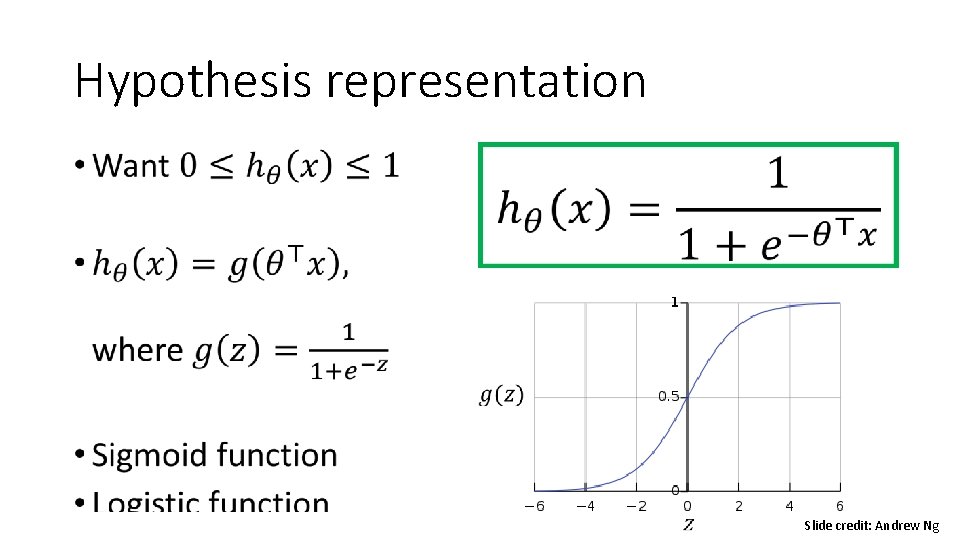 Hypothesis representation • Slide credit: Andrew Ng Hypothesis representation • Slide credit: Andrew Ng