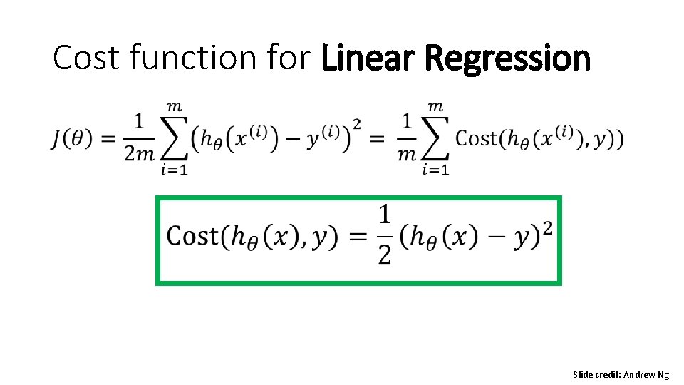 Cost function for Linear Regression • Slide credit: Andrew Ng Cost function for Linear Regression • Slide credit: Andrew Ng