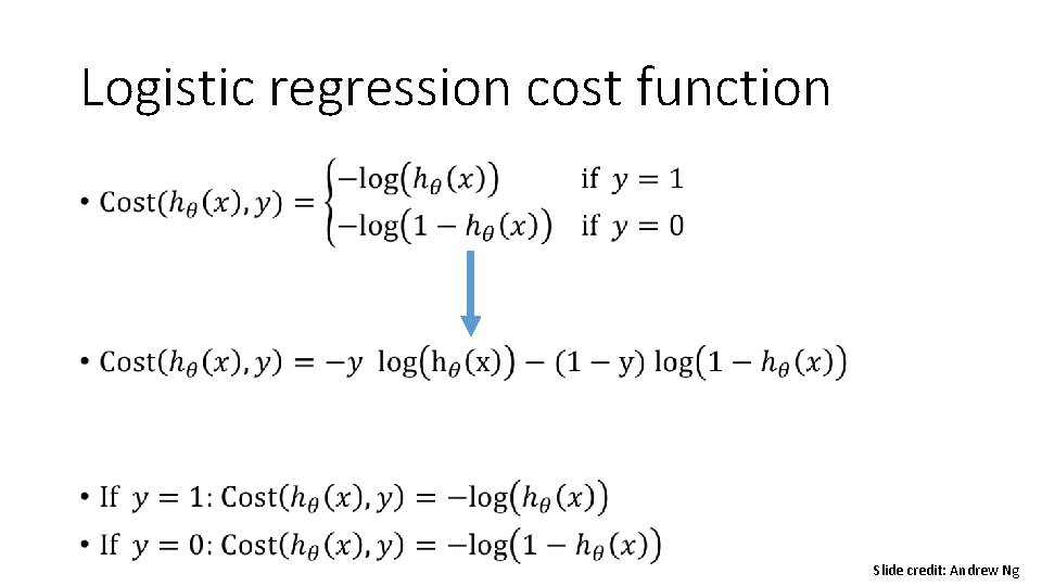 Logistic regression cost function • Slide credit: Andrew Ng Logistic regression cost function • Slide credit: Andrew Ng