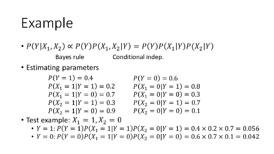 Example • Bayes rule Conditional indep. Example • Bayes rule Conditional indep.