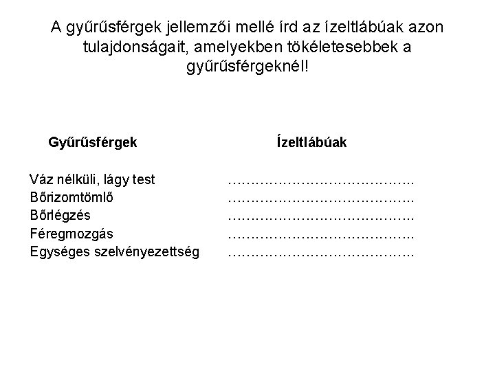 A gyűrűsférgek jellemzői mellé írd az ízeltlábúak azon tulajdonságait, amelyekben tökéletesebbek a gyűrűsférgeknél! Gyűrűsférgek