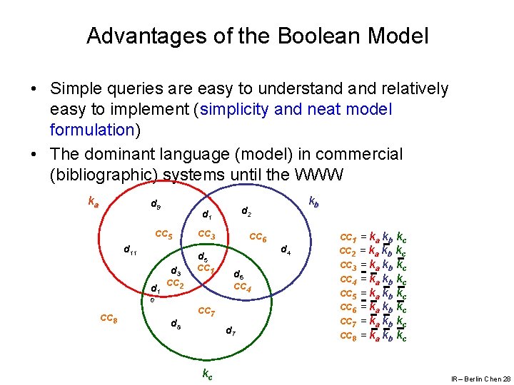 Advantages of the Boolean Model • Simple queries are easy to understand relatively easy