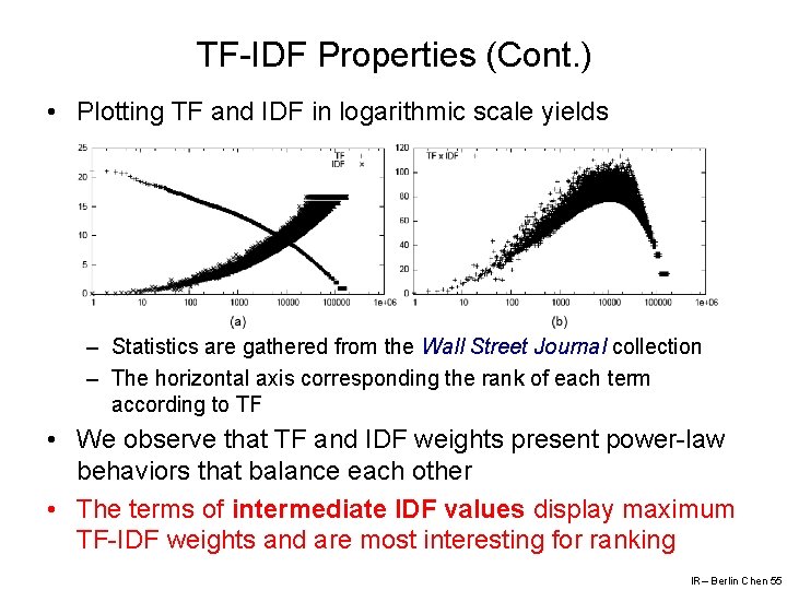 TF-IDF Properties (Cont. ) • Plotting TF and IDF in logarithmic scale yields –