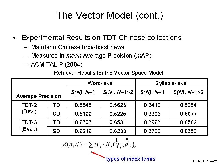 The Vector Model (cont. ) • Experimental Results on TDT Chinese collections – Mandarin