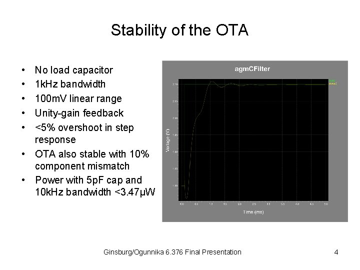 Stability of the OTA • • • No load capacitor 1 k. Hz bandwidth