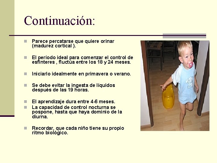 Continuación: n Parece percatarse quiere orinar (madurez cortical ). n El período ideal para