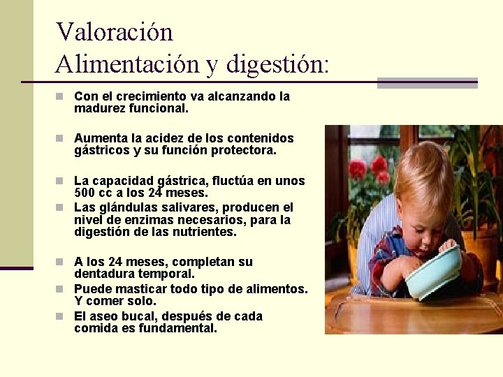 Valoración Alimentación y digestión: n Con el crecimiento va alcanzando la madurez funcional. n