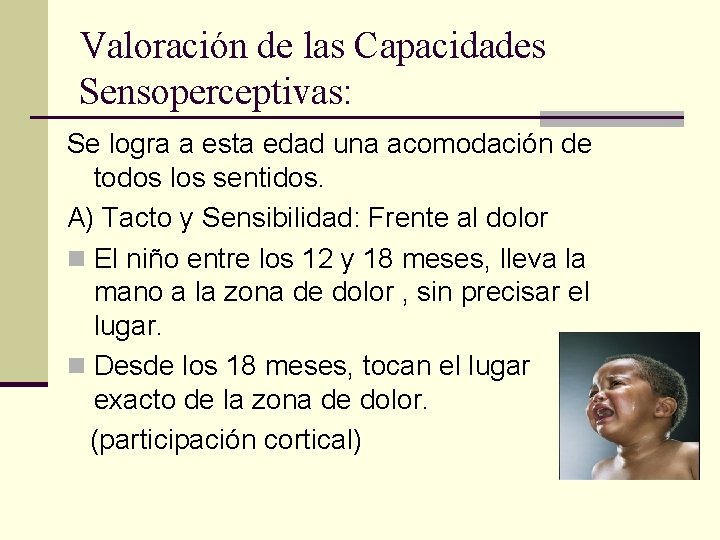 Valoración de las Capacidades Sensoperceptivas: Se logra a esta edad una acomodación de todos