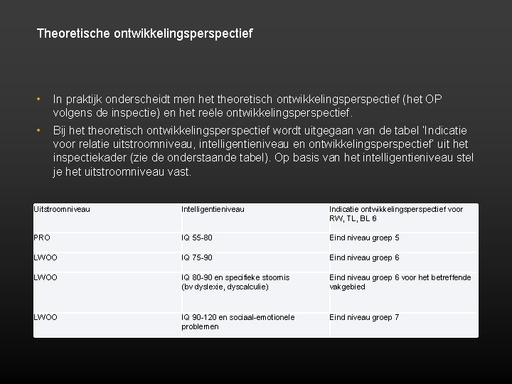 Theoretische ontwikkelingsperspectief • In praktijk onderscheidt men het theoretisch ontwikkelingsperspectief (het OP volgens de