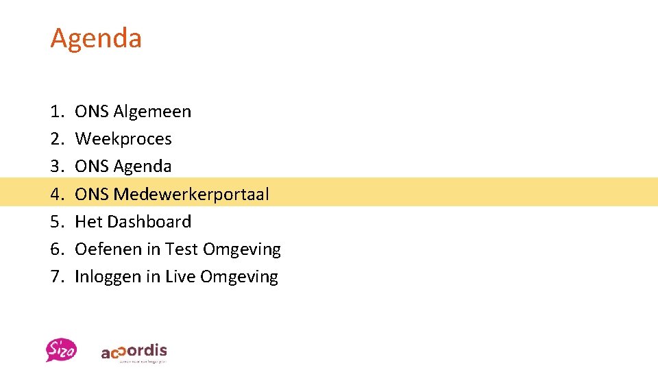 Agenda 1. 2. 3. 4. 5. 6. 7. ONS Algemeen Weekproces ONS Agenda ONS