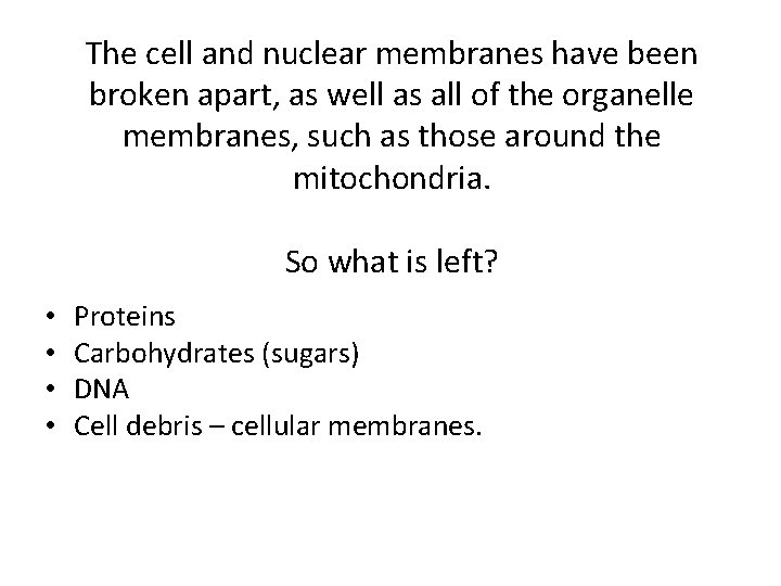 The cell and nuclear membranes have been broken apart, as well as all of