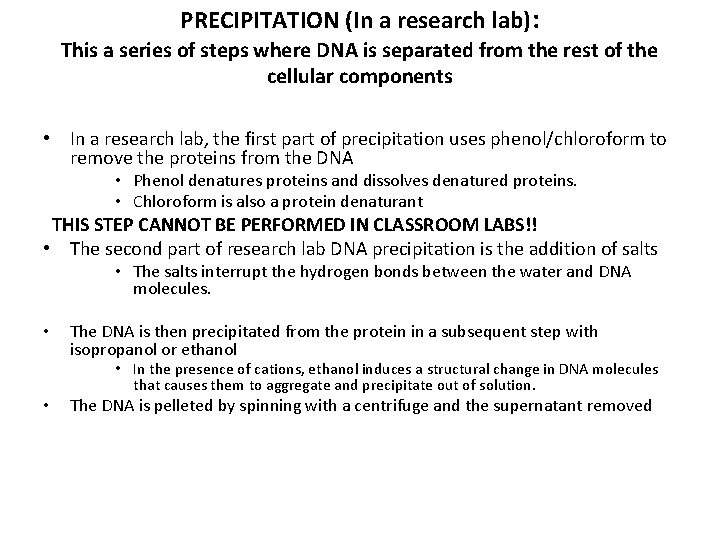 PRECIPITATION (In a research lab): This a series of steps where DNA is separated