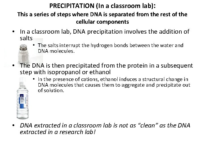 PRECIPITATION (In a classroom lab): This a series of steps where DNA is separated